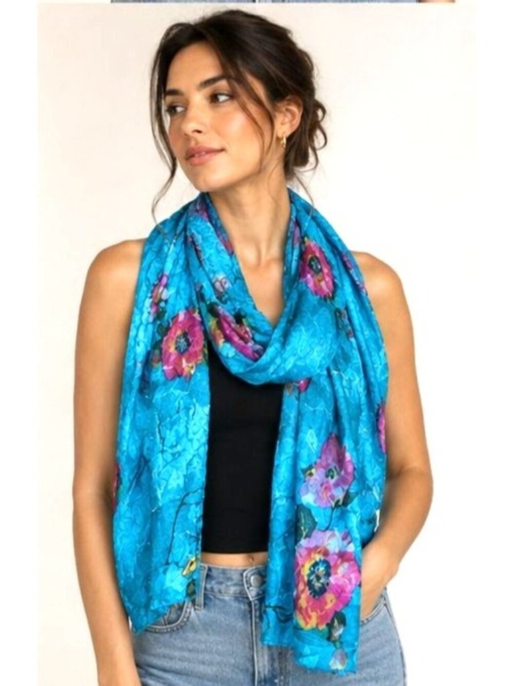 Stunning  Scarf Teal Burnout Pink Floral Leaves Print Botanical Wrap 38 X 46